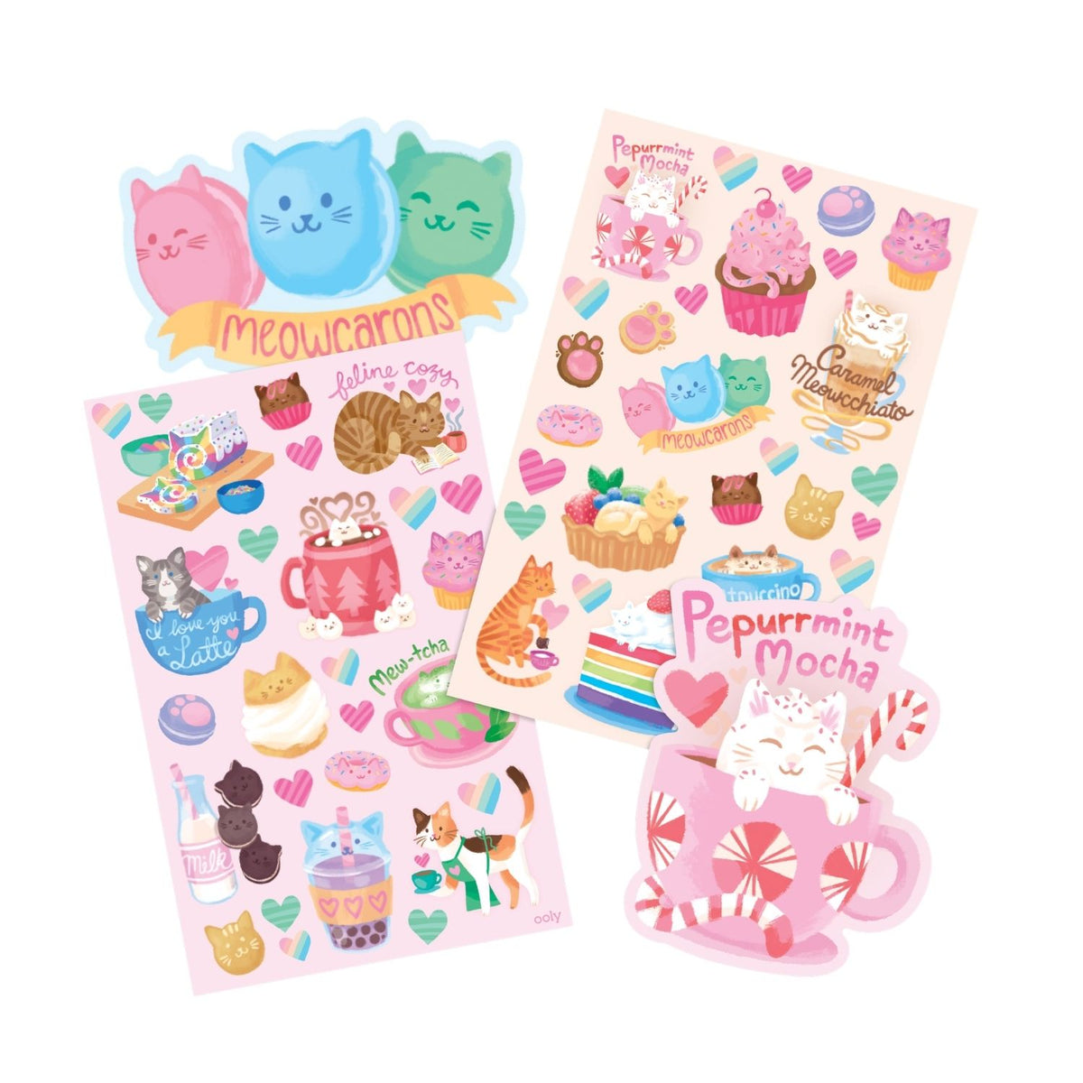 Set of colorful sticker sheets with cat-themed designs 