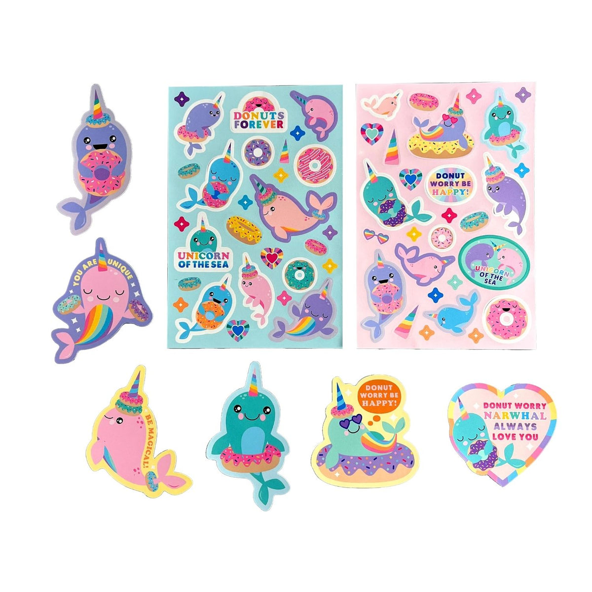 Set of colorful narwhal-themed stickers 