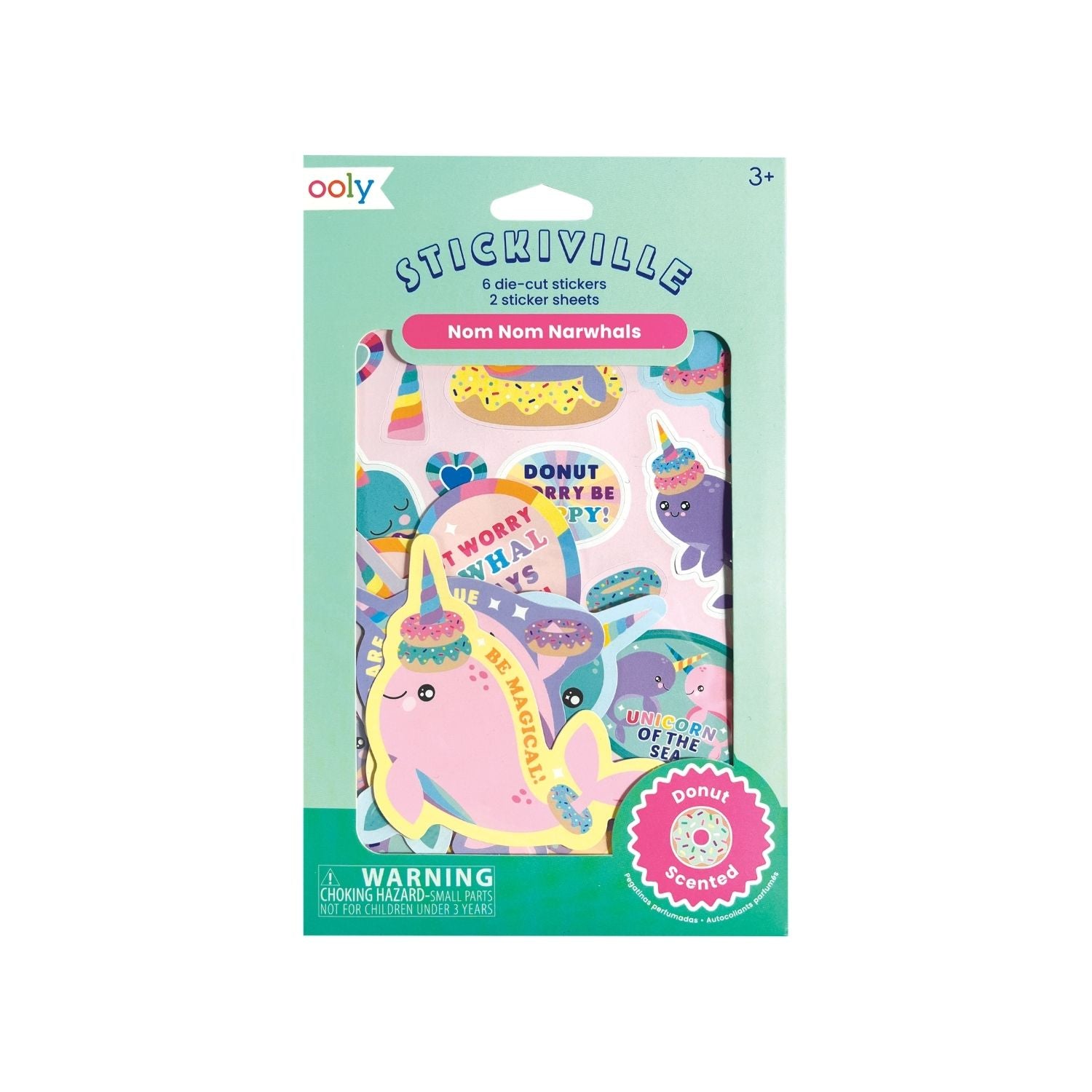 Packaged stickers with cartoon narwhals on a light green background