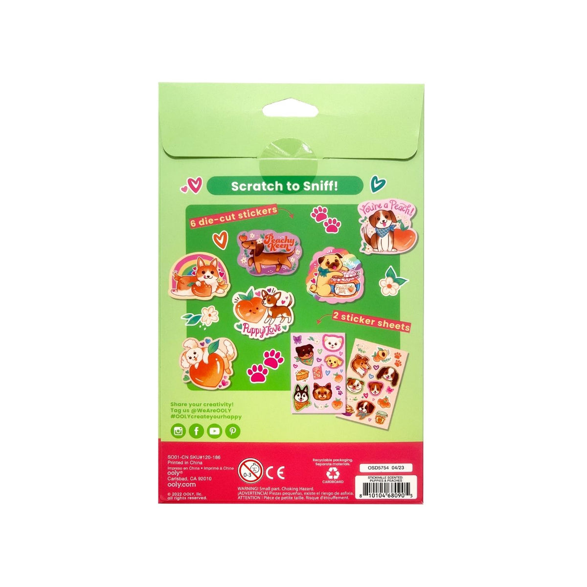 Packaging of scratch-to-sniff stickers with cartoon animals on a green background
