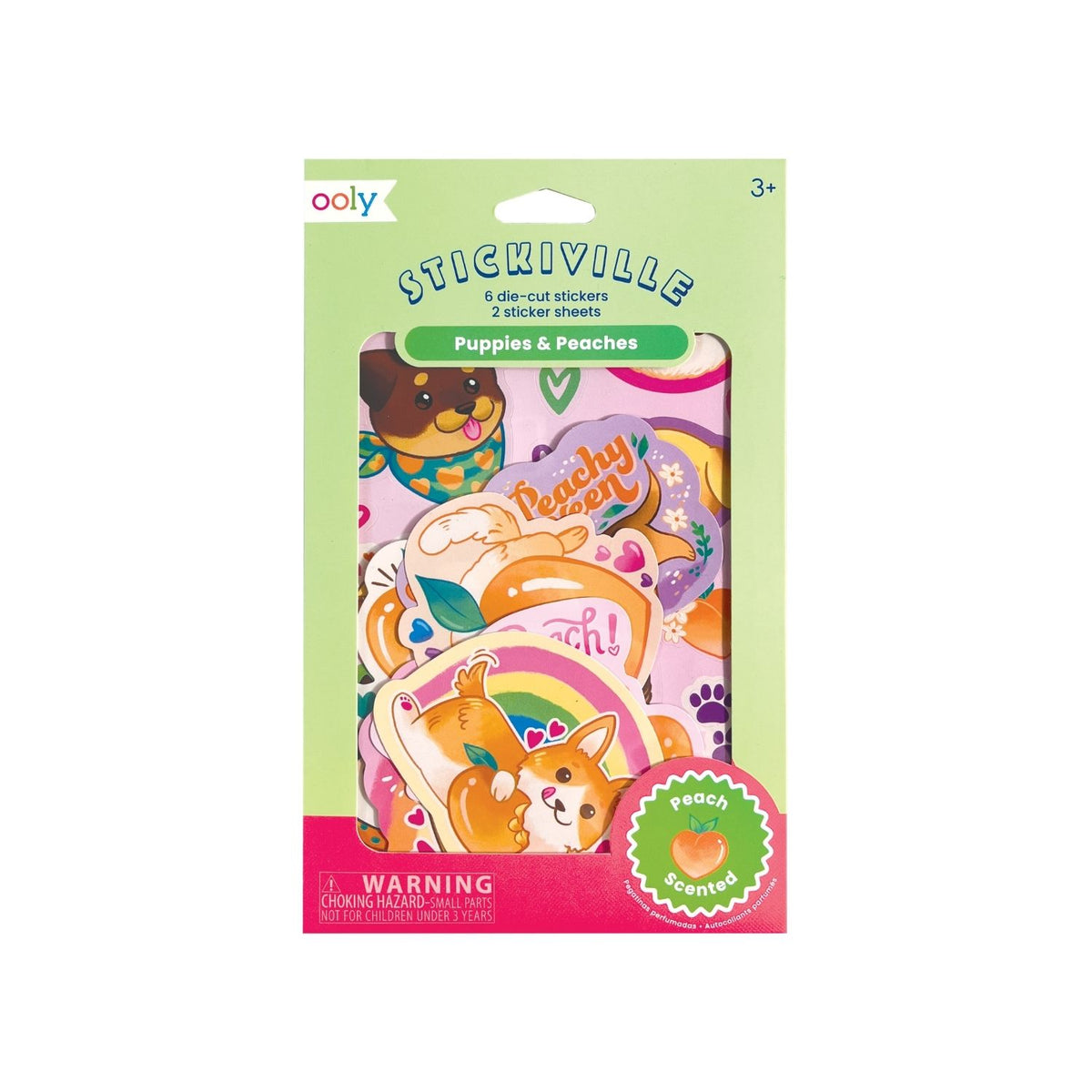 Ooly Stickiville stickers packaging with cartoon characters of Puppies and Peaches