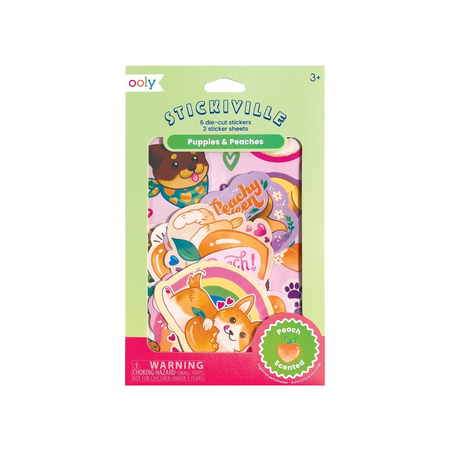 Ooly Stickiville stickers packaging with cartoon characters of Puppies and Peaches