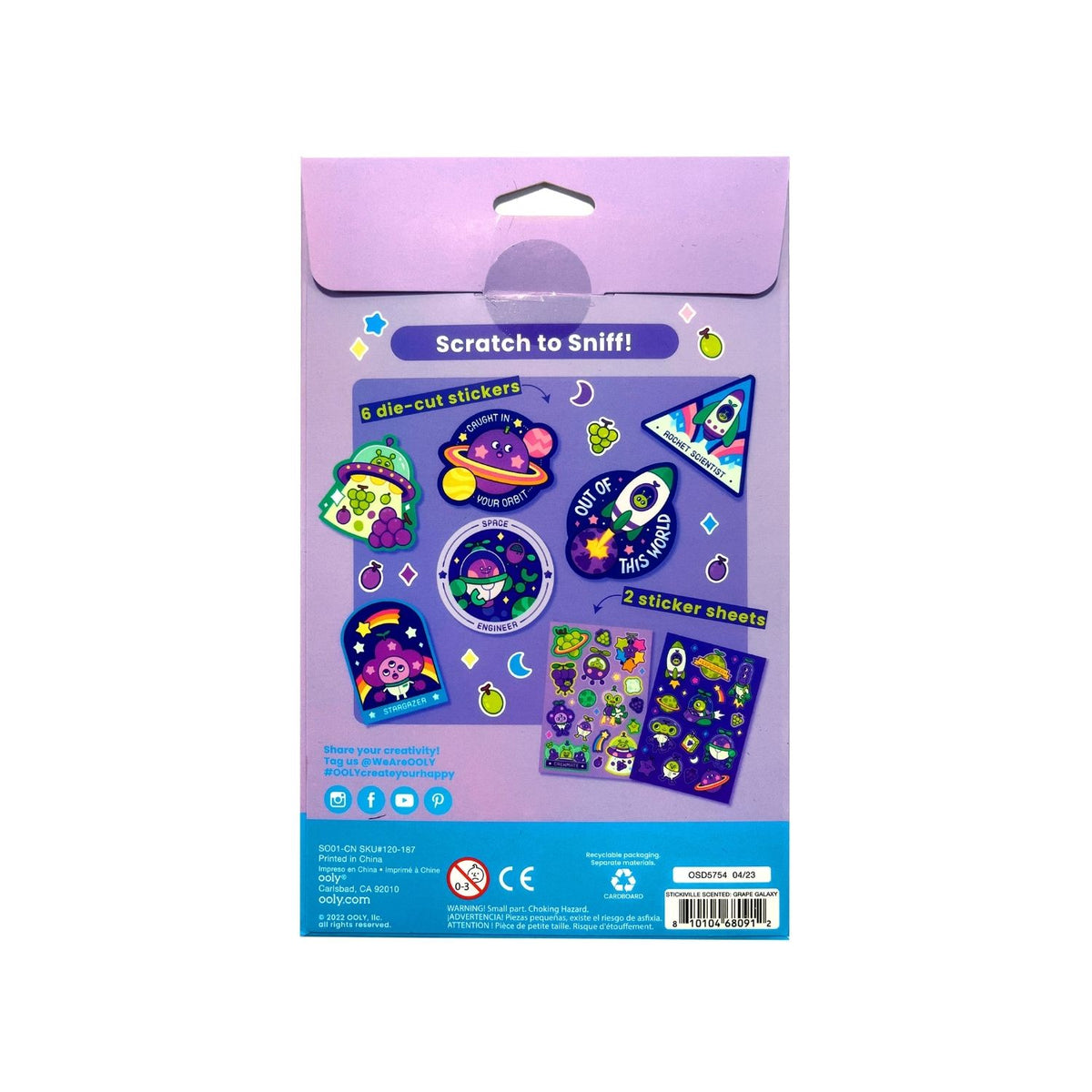 Packaging of scratch-to-sniff stickers with colorful designs on a purple background