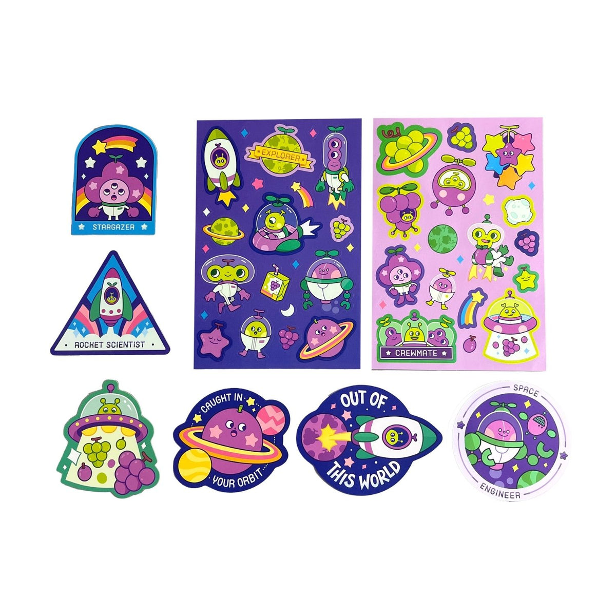 Collection of colorful space-themed stickers 