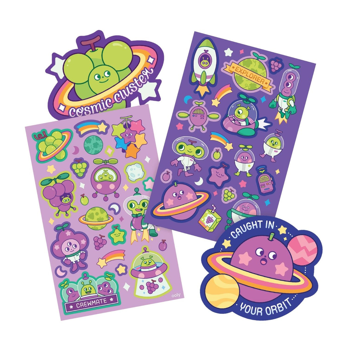 Set of colorful space-themed stickers with characters and text 