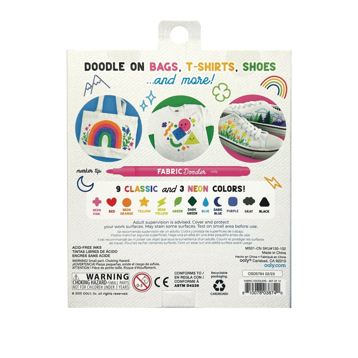 Fabric Doodle marker set packaging with colorful illustrations of bags, t-shirts, and shoes.