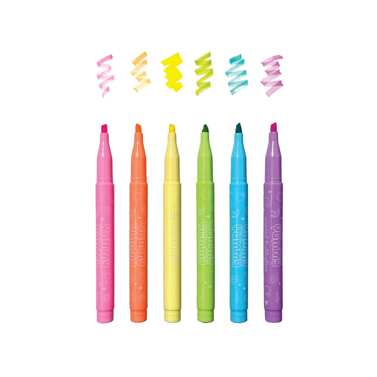 All 6 highlighters (Peach, Lemon, Mint, Sky Blue, Lavender, and Rose) arranged neatly to show the trendy, soft-hue palette.
