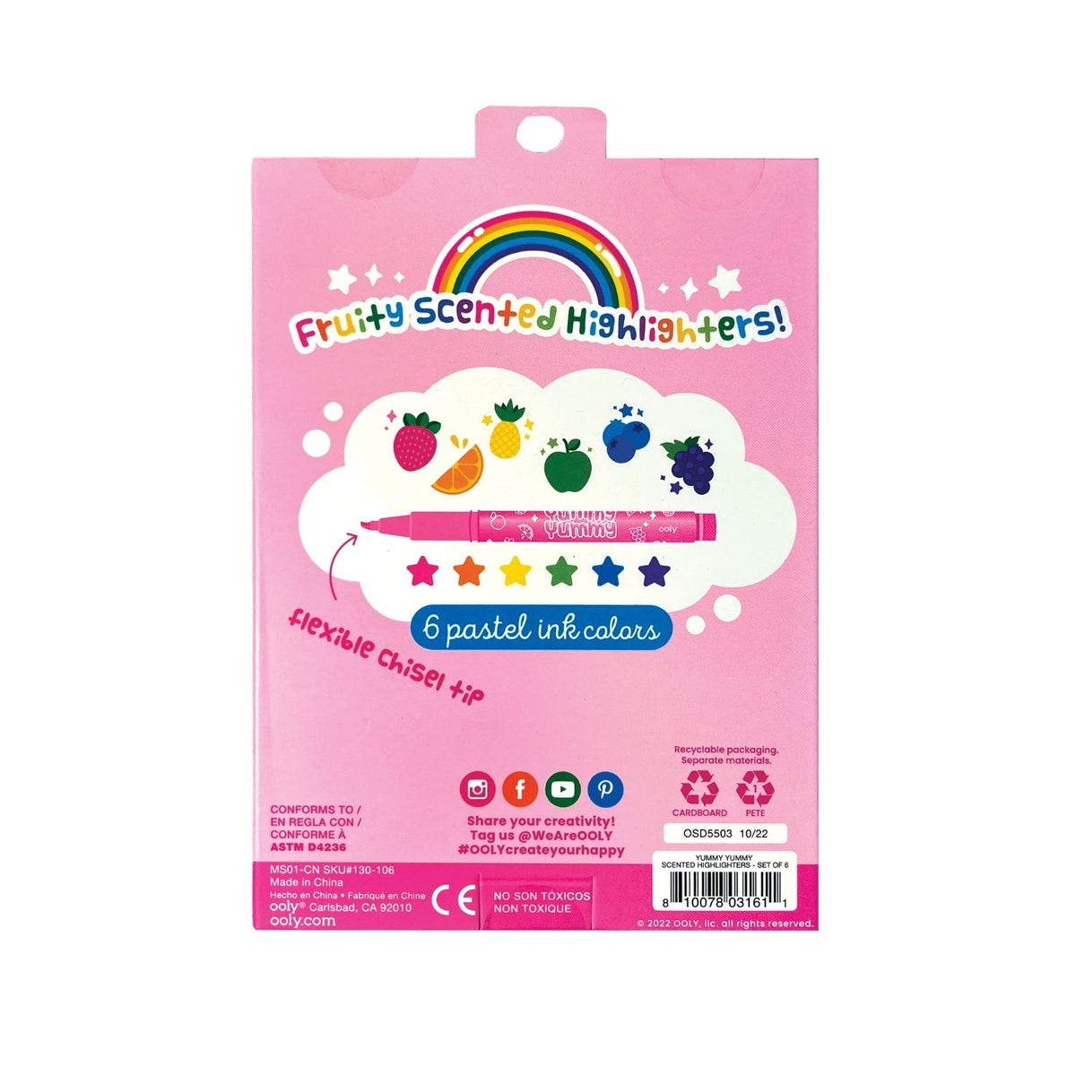 A close-up of the back of the pack showing the list of fruit scents and the non-toxic safety icons for retail transparency.