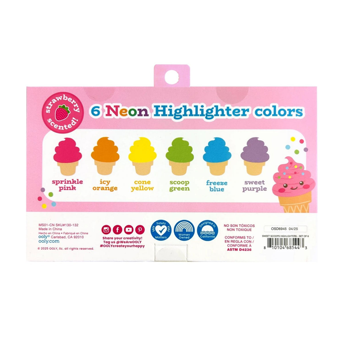 Packaging of Strawberry Scented 6 Neon Highlighter colors with ice cream cone design