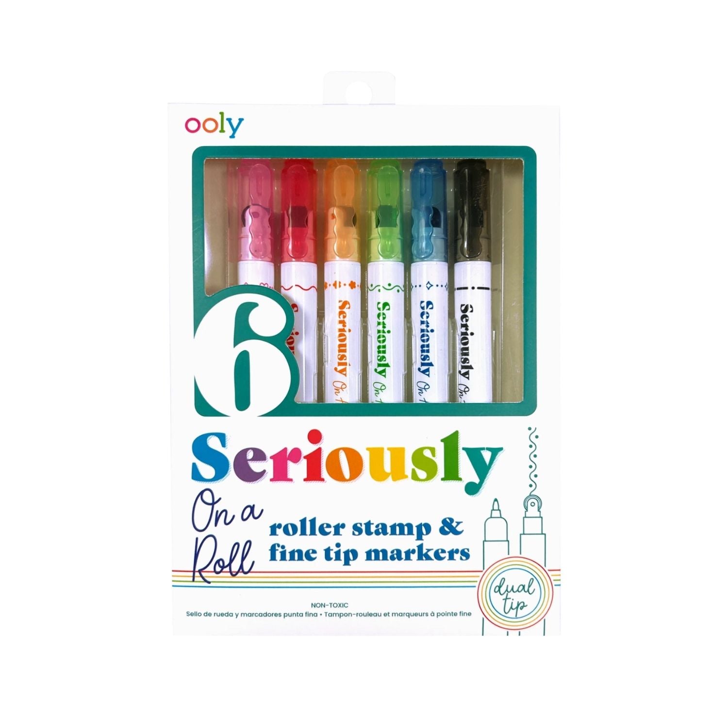 A set of six OOLY Seriously on a Roll pens featuring both vibrant fine tip marker ends and whimsical roller stamp designs.