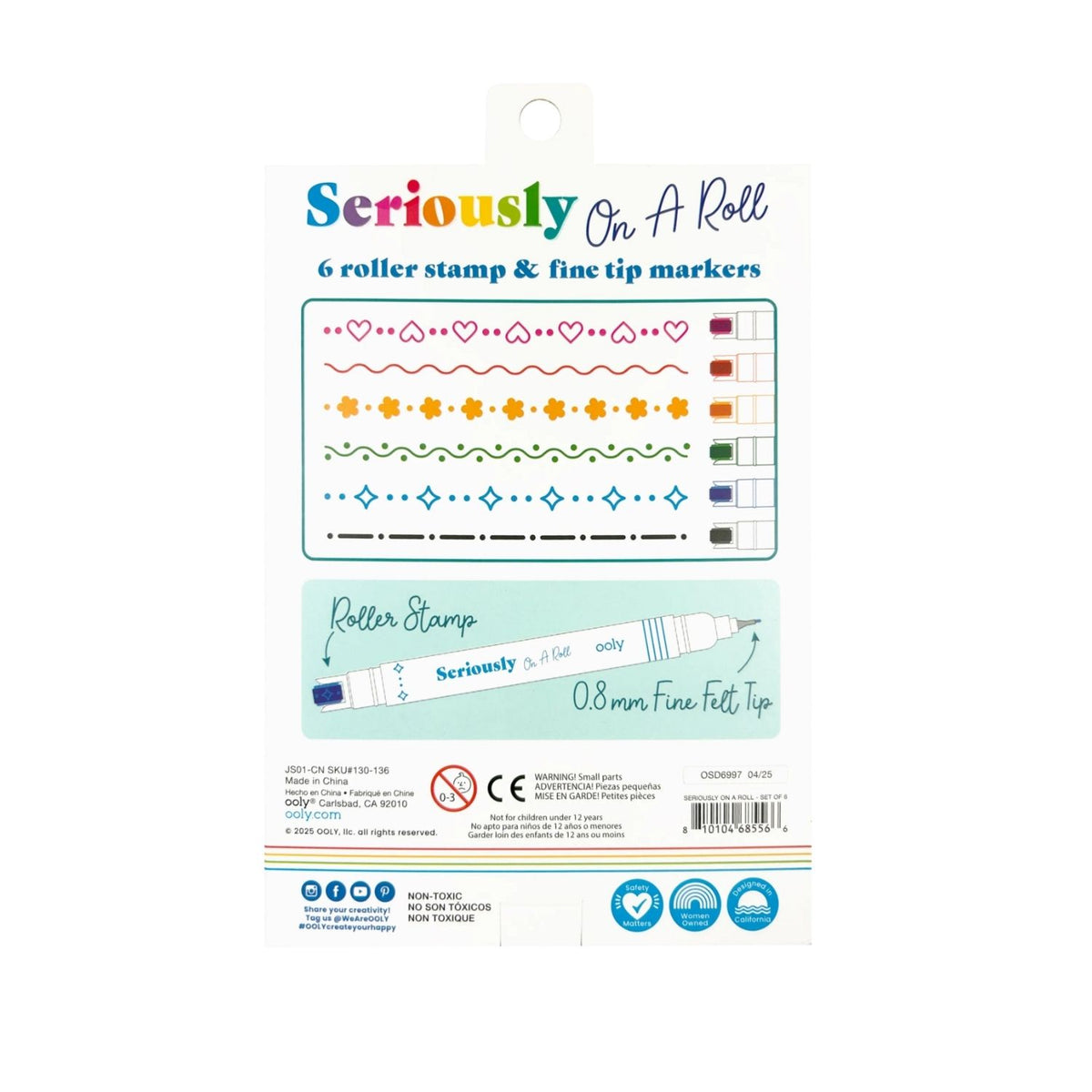 A set of six colorful dual ended roller stamp pens by OOLY, Packaging showing the fine tip pattern designs.