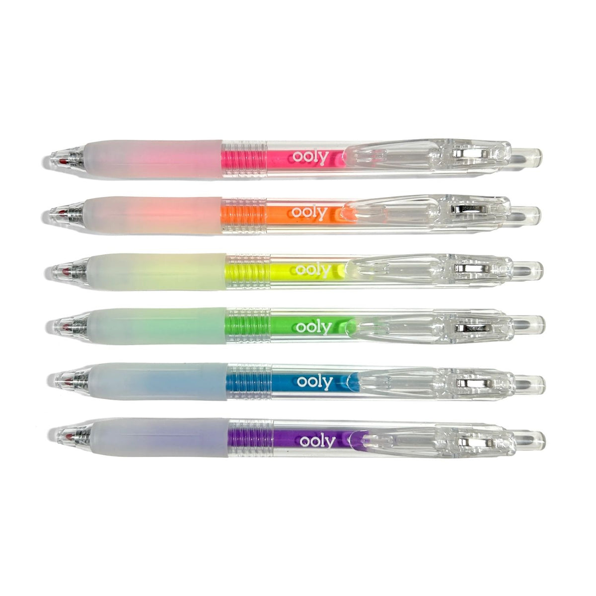 Set of six colorful pens with 'ooly' branding 