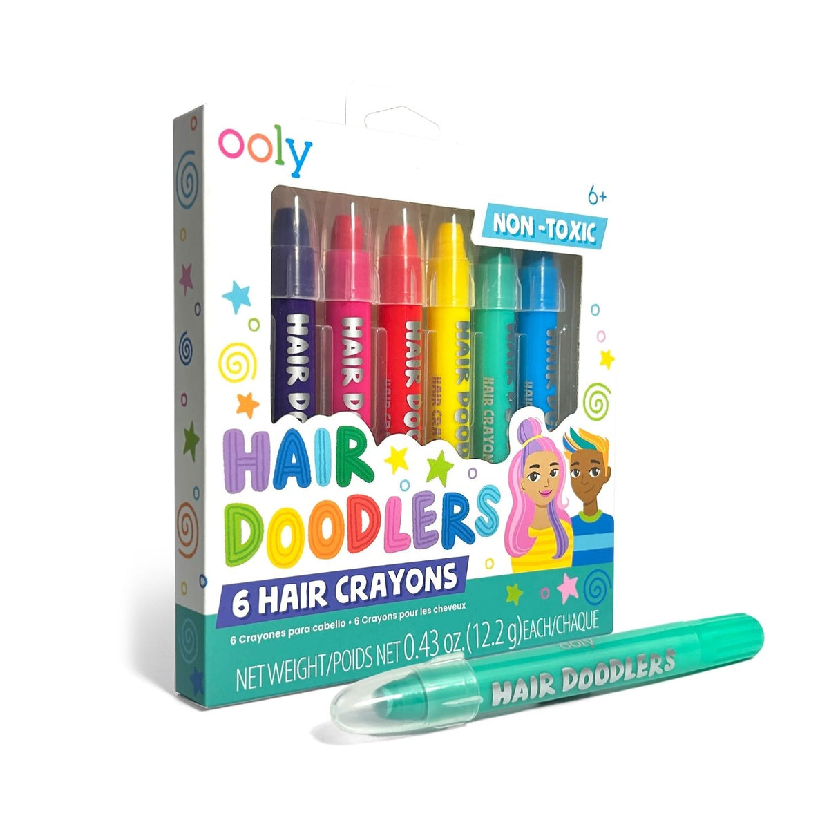 Packaging of Ooly Hair Doodlers hair crayons with a green crayon in front 