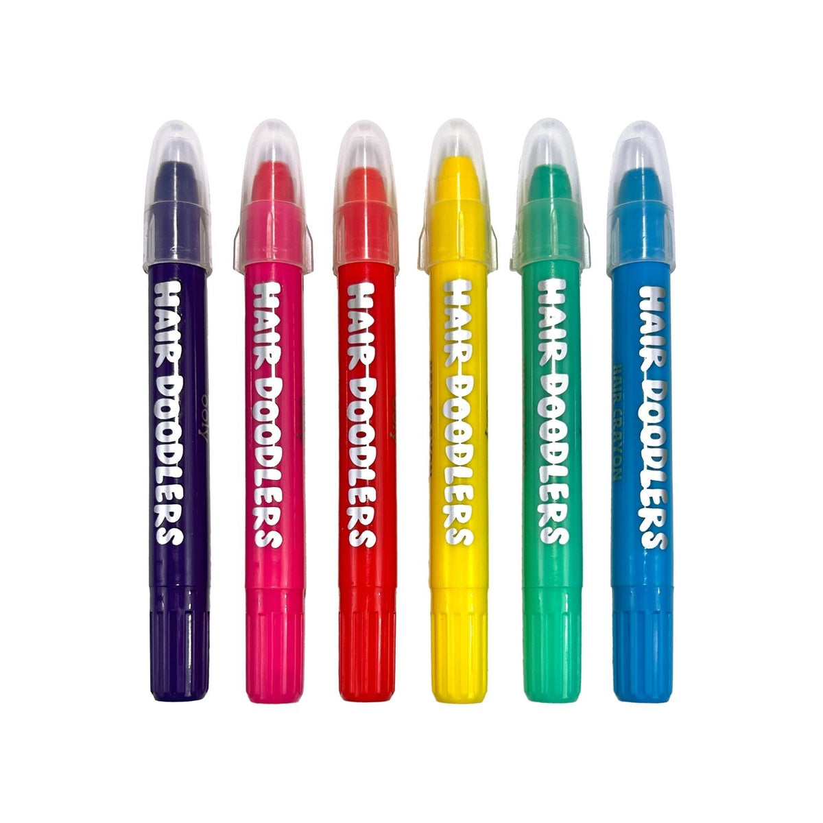 Set of five colorful hair color crayons with 'Hair Doodlers' branding.