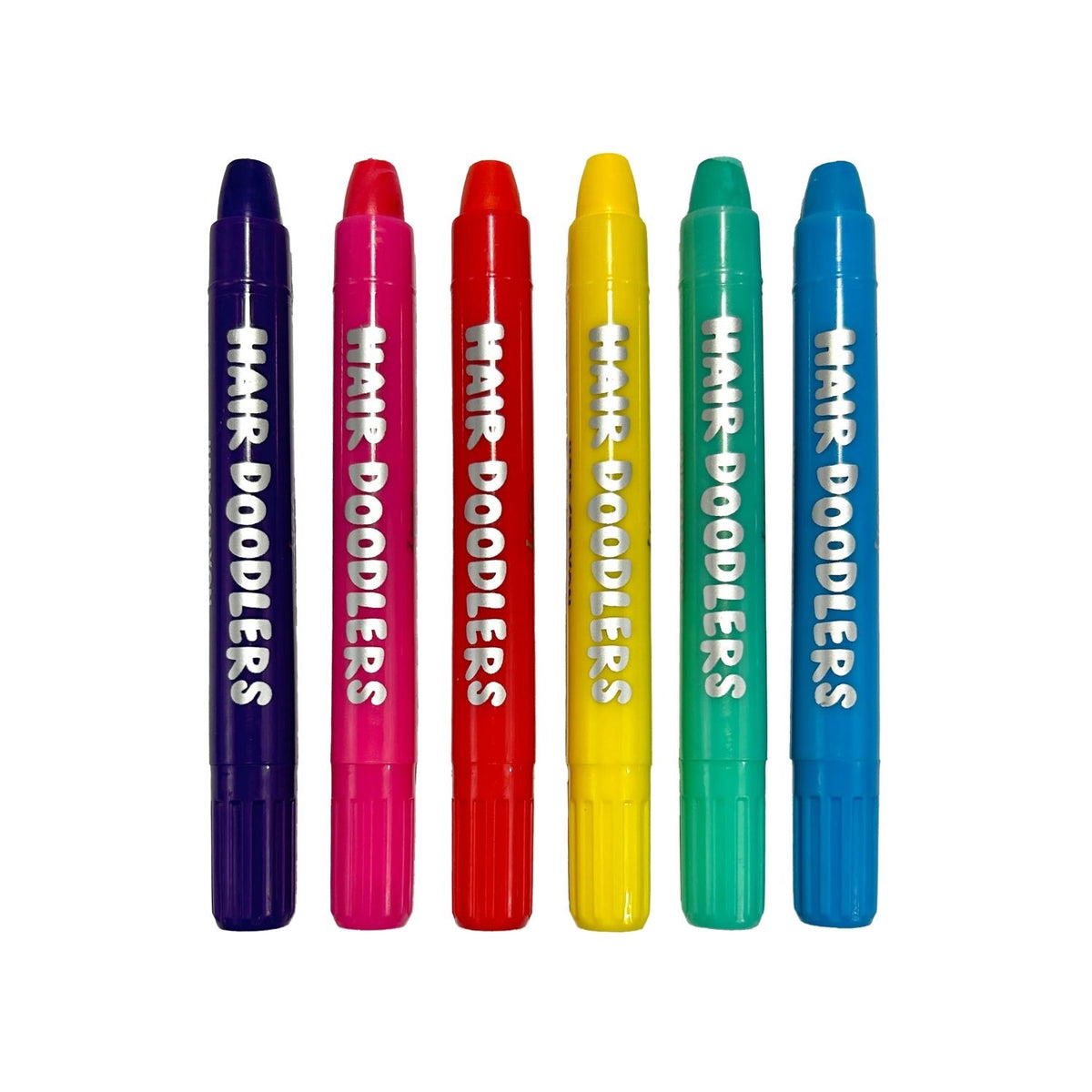 Set of six colorful crayons labeled 'Hair Doodlers' 