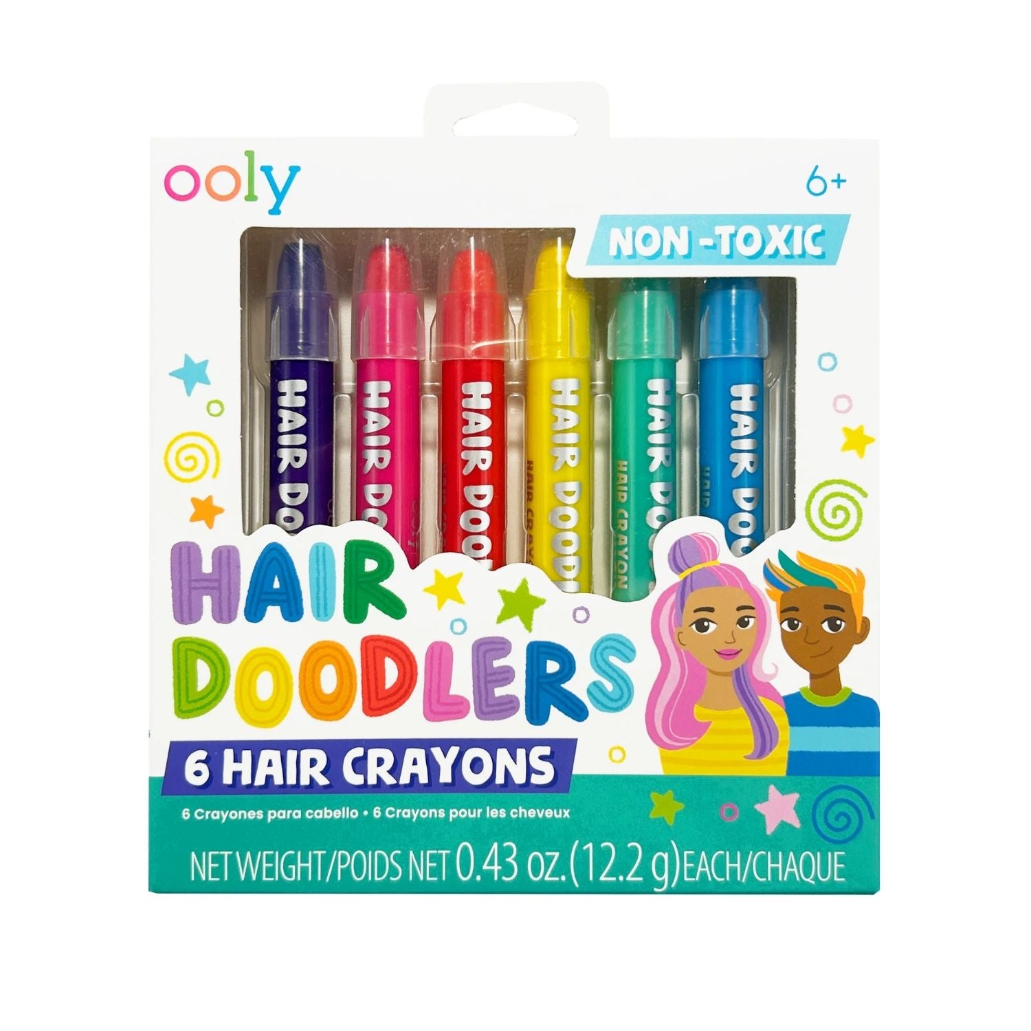 Packaging of Ooly Hair Doodlers hair crayons with colorful crayon illustrations 