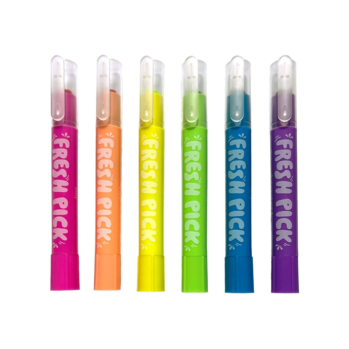 Set of six colorful gel crayons with 'Fresh Pick' branding o