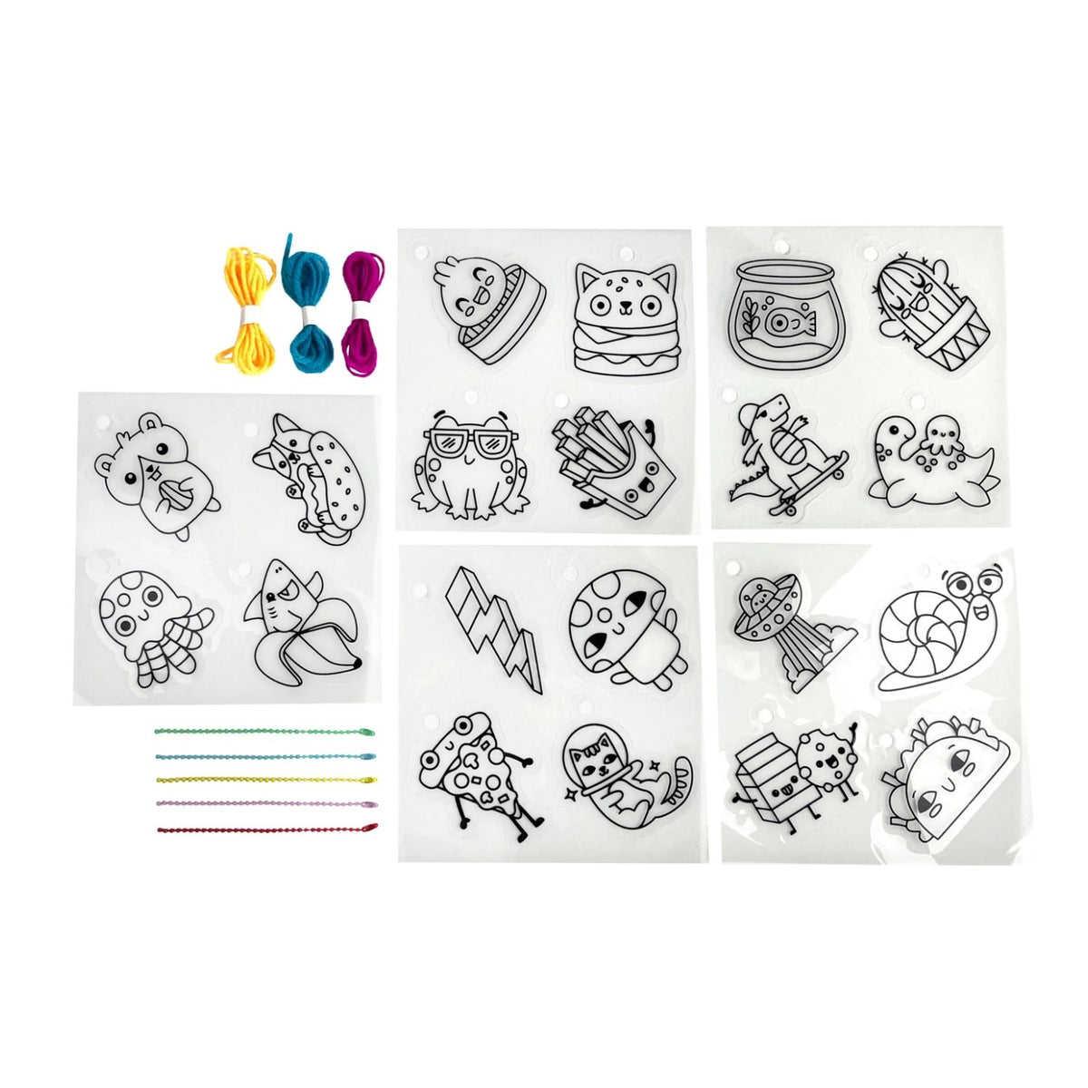 Set of black line art designs on a white background with colorful thread spools above.