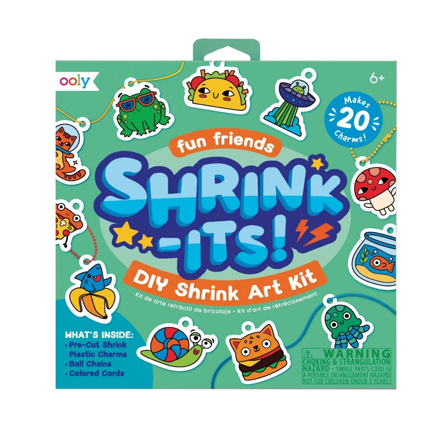 Shrink-Its DIY Shrink Art Kit packaging with colorful shrink art characters on a green background