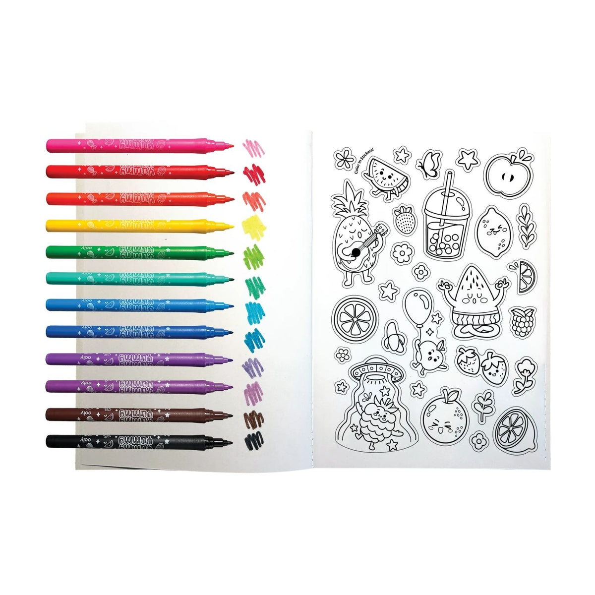 Set of colorful markers with a coloring book featuring cartoon illustrations