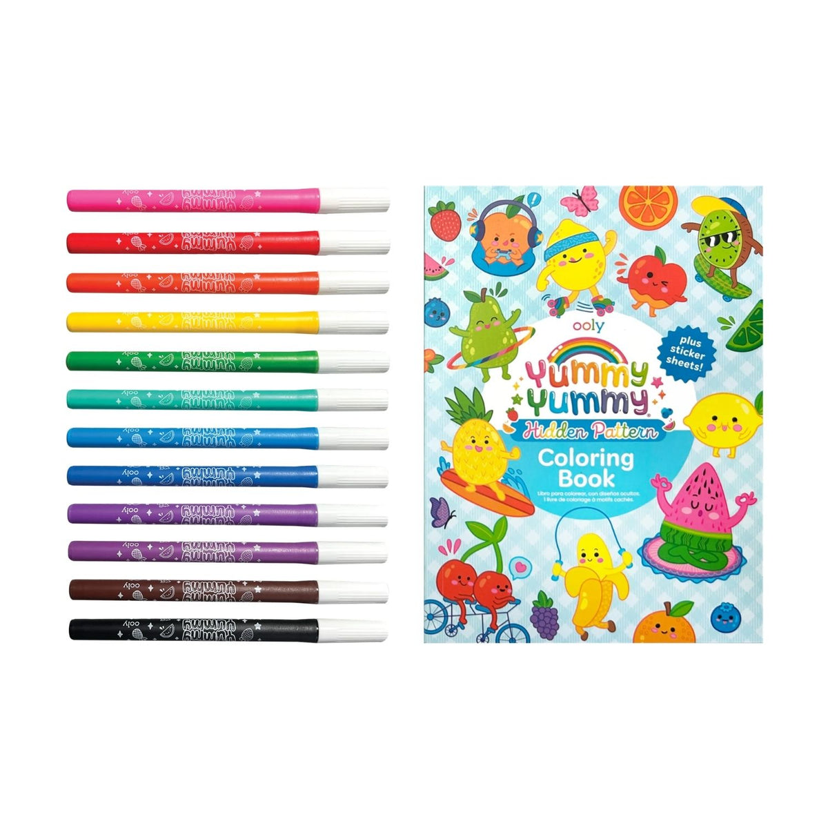 Set of colorful markers with a 'Yummy Yummy' coloring book 