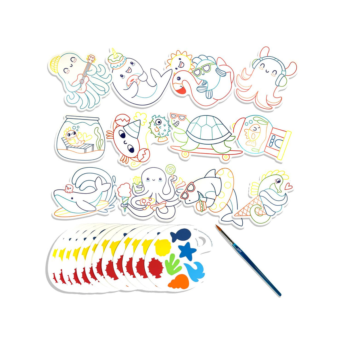 Watercolour coloring  with ocean-themed illustrations and built-in paint palette and brsuh