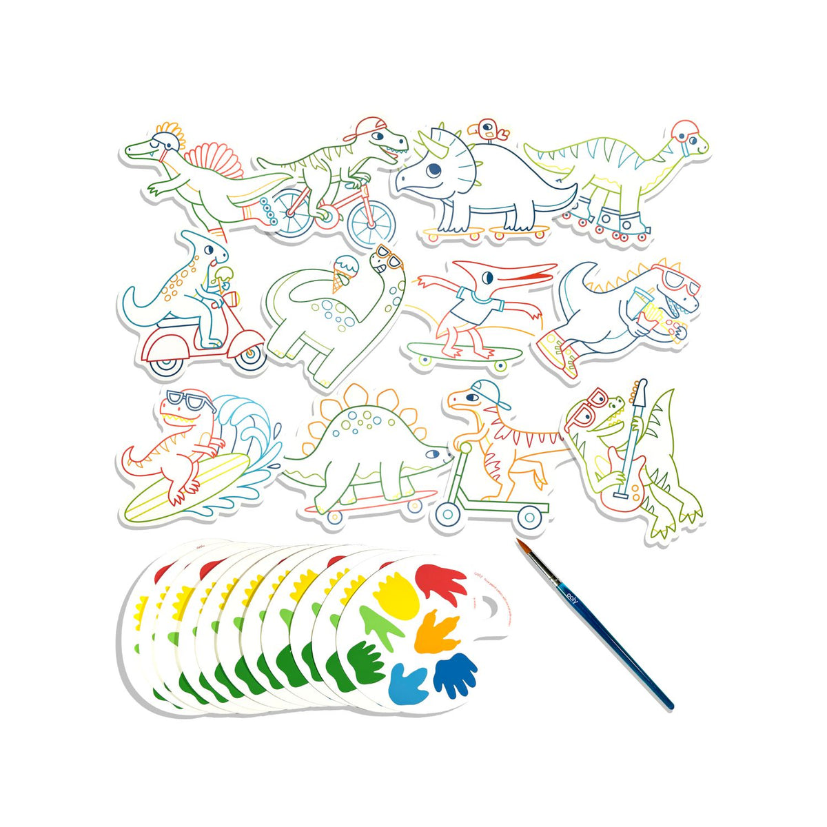 Watercolour Colouring cards with dinosaur illustrations, built-in watercolour palette and a paintbrush 