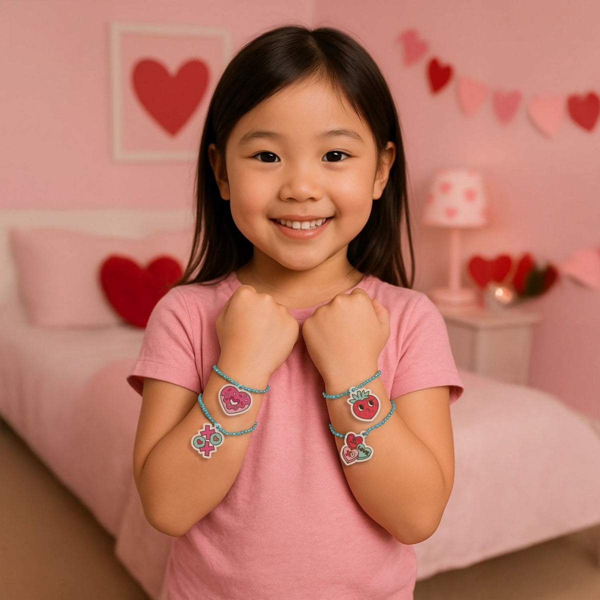 Finished charms as bracelets on a girls arms showing the durable and functional nature of the final product.