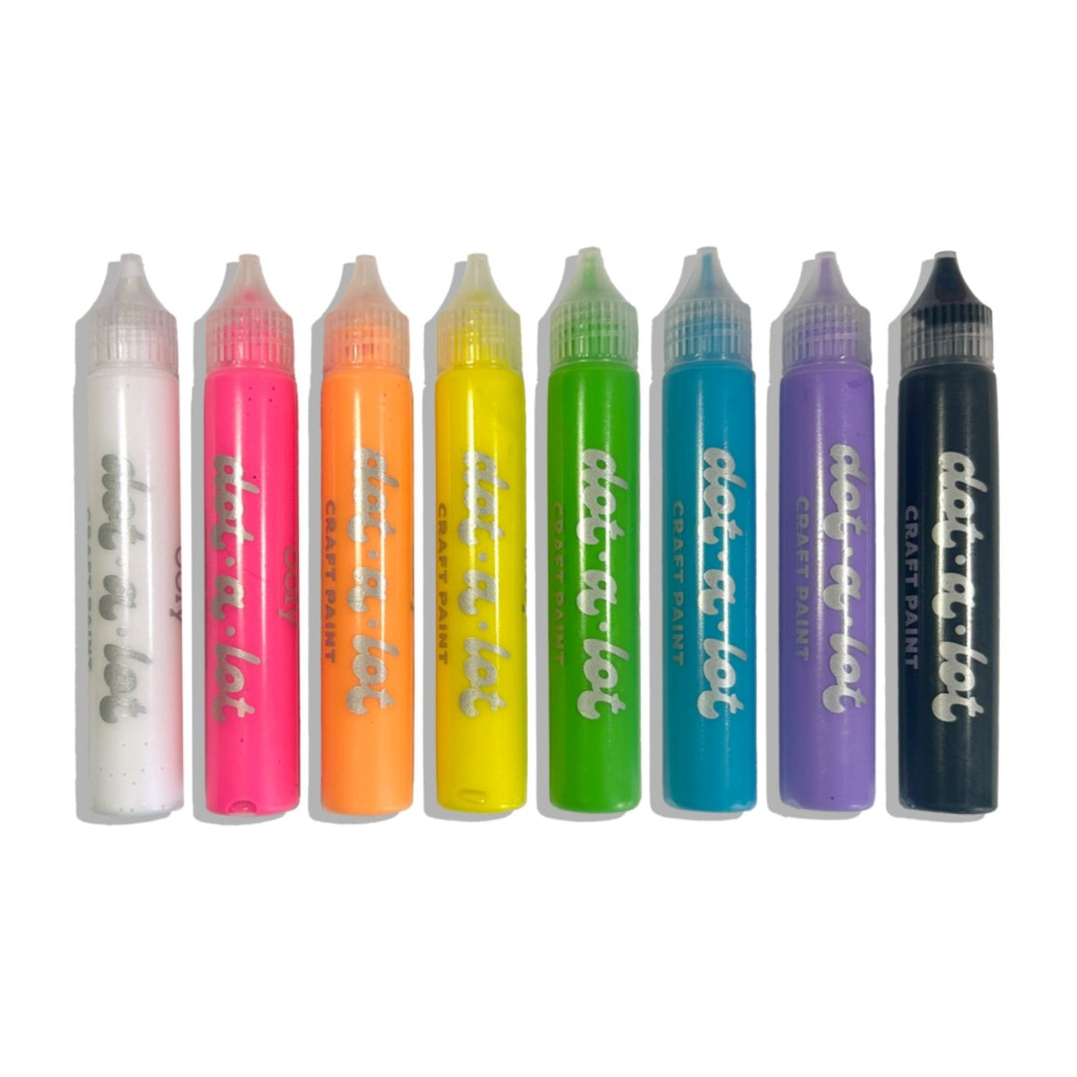 Set of eight colourful paint bottles with 'dot a lot' branding and precision lids