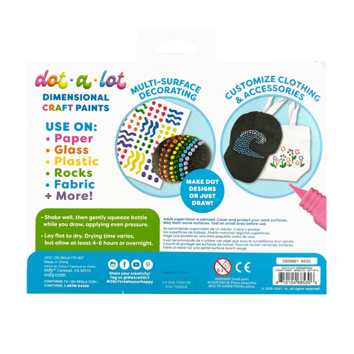Product packaging for dot-a-lot dimensional craft paints with usage instructions and features.