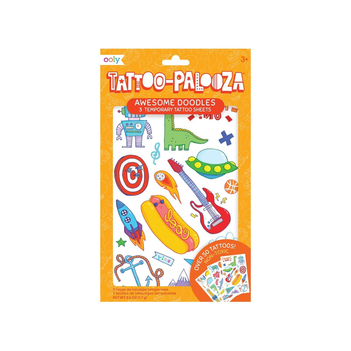 Packaging of Tattoo-Palooza temporary tattoos with colorful designs on an orange background