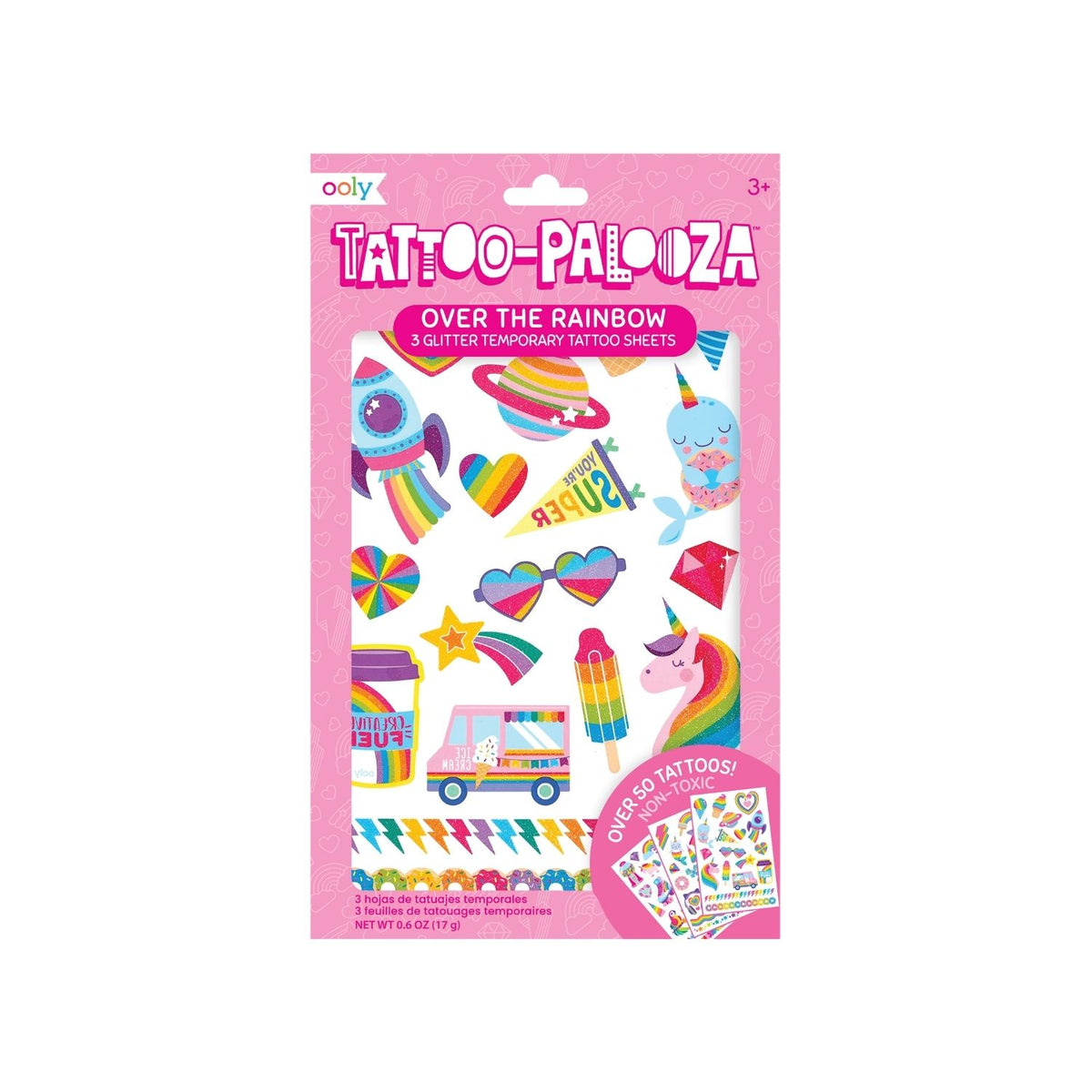 Packaged 'Tattoo-Palooza' with colorful temporary tattoos on a pink background