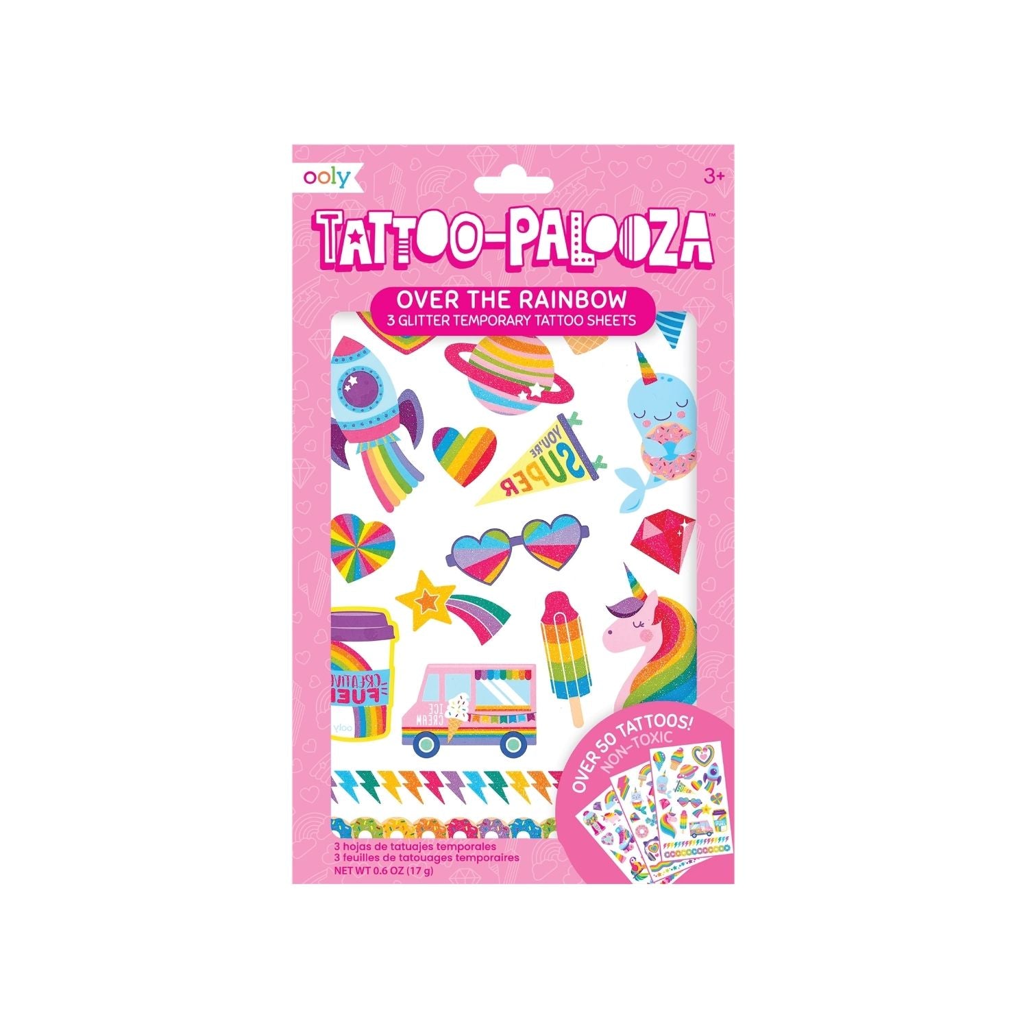 Packaged 'Tattoo-Palooza' with colorful temporary tattoos on a pink background