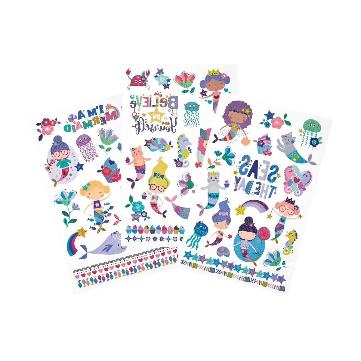Colorful mermaid-themed temporary tattoos