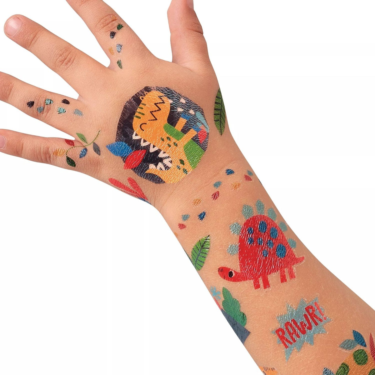 Colorful temporary tattoos on a child's arm and hand 