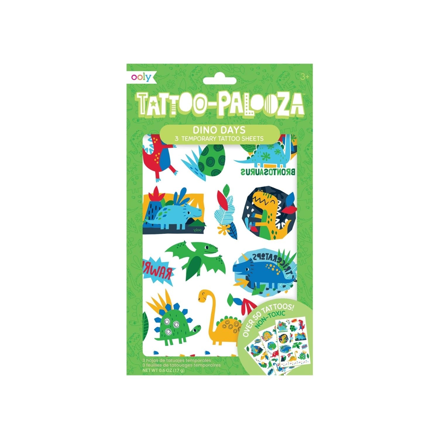 Packaging of Tattoo-Palooza Dino Days temporary tattoos with colorful dinosaur designs on a green background.