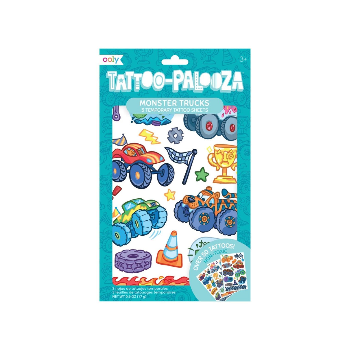 Packaging of OOLY Tattoo-Palooza Monster Trucks temporary tattoos 