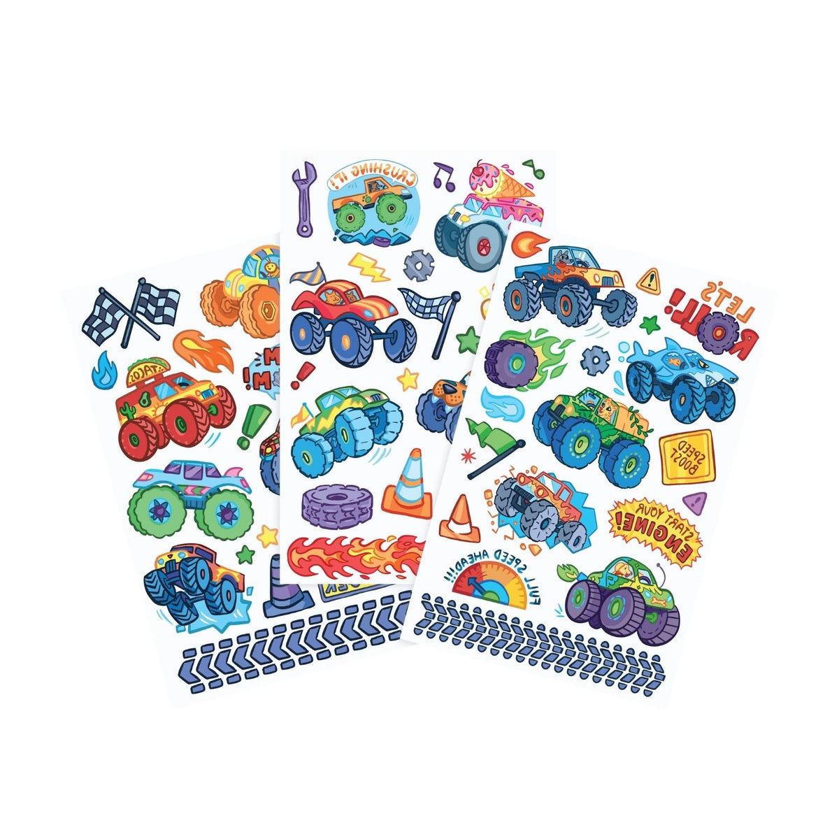 Colourful monster truck-themed temporary tattoos for kids