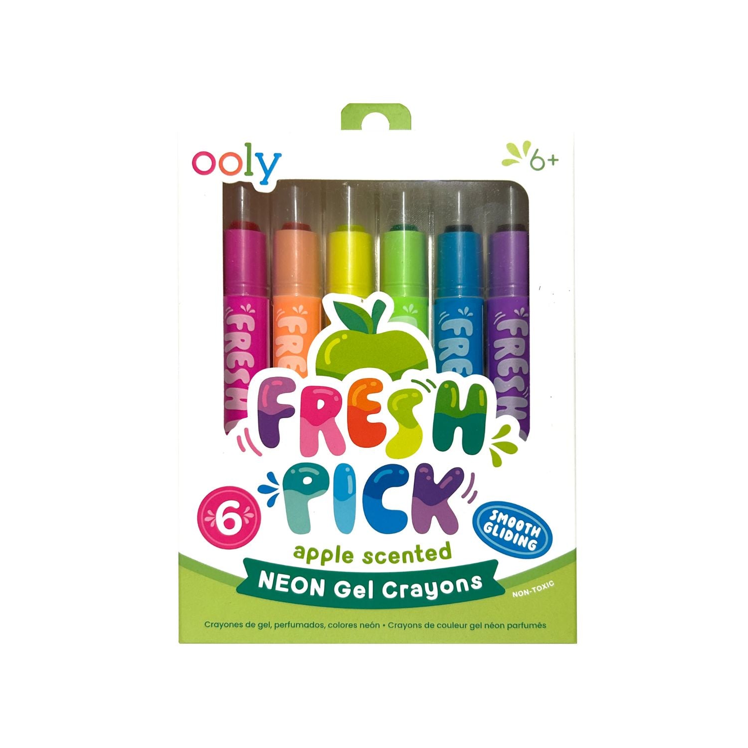 Pack of neon gel crayons with 'olly' branding on a white background