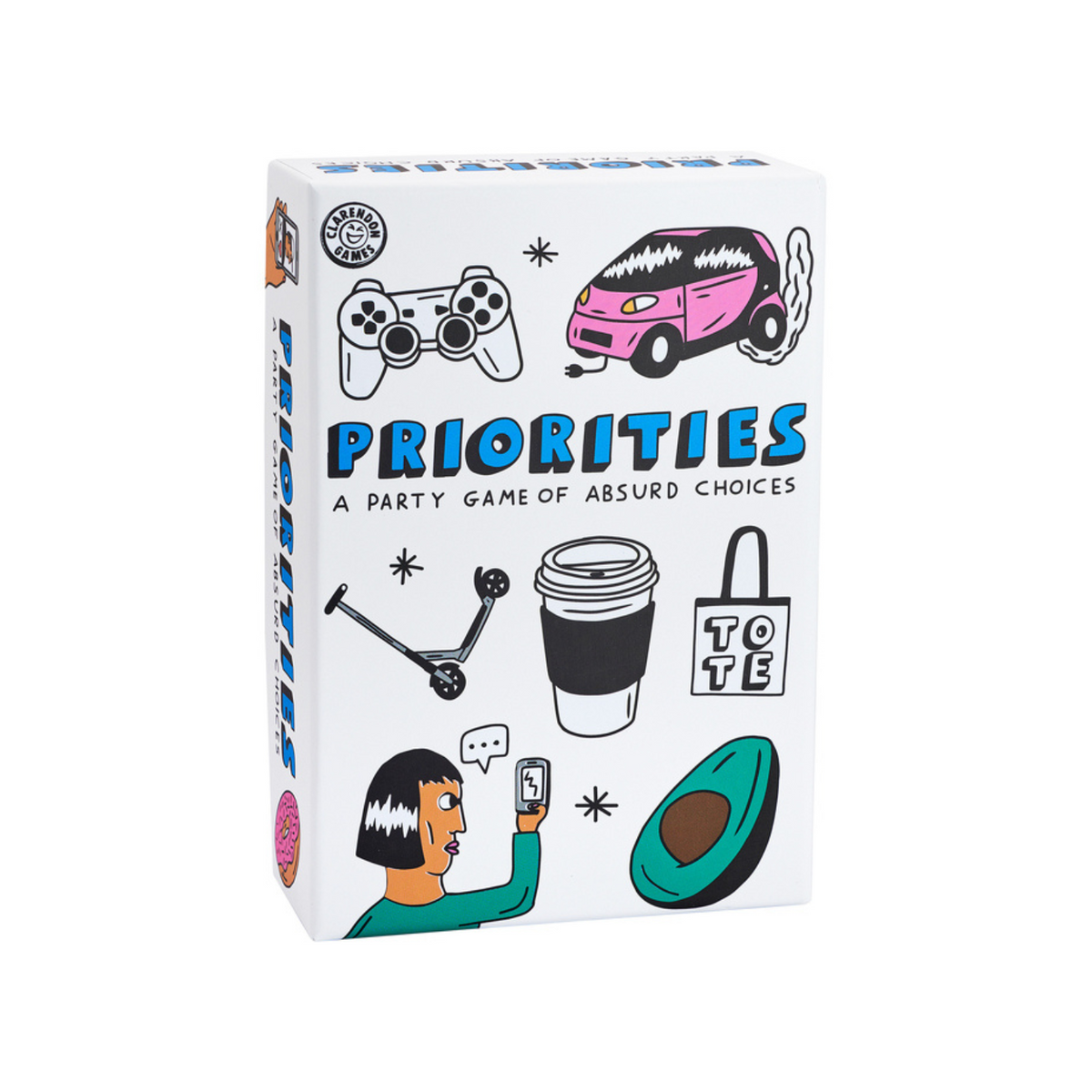 Card game box titled 'Priorities' with illustrations on a white background
