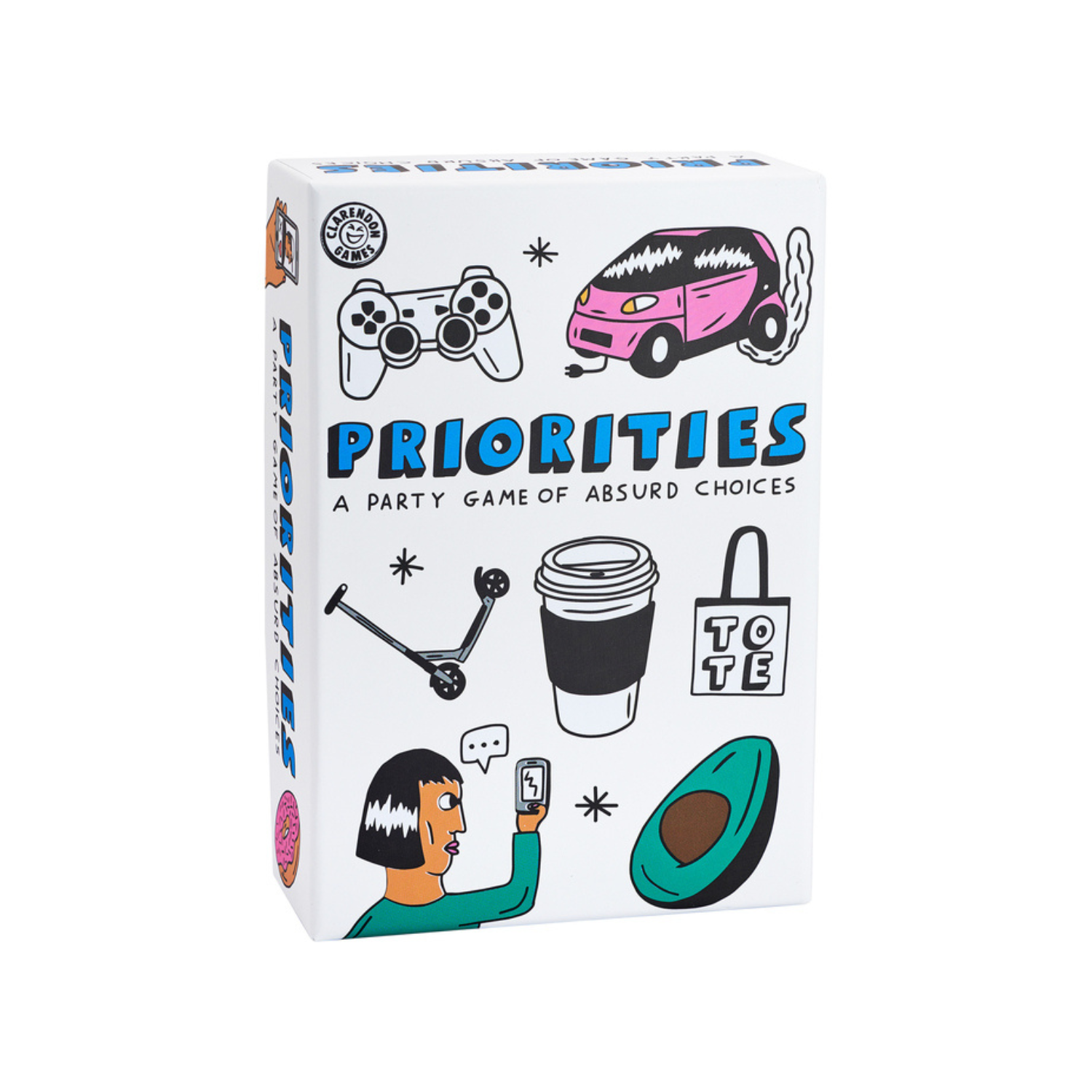 Card game box titled 'Priorities' with illustrations on a white background