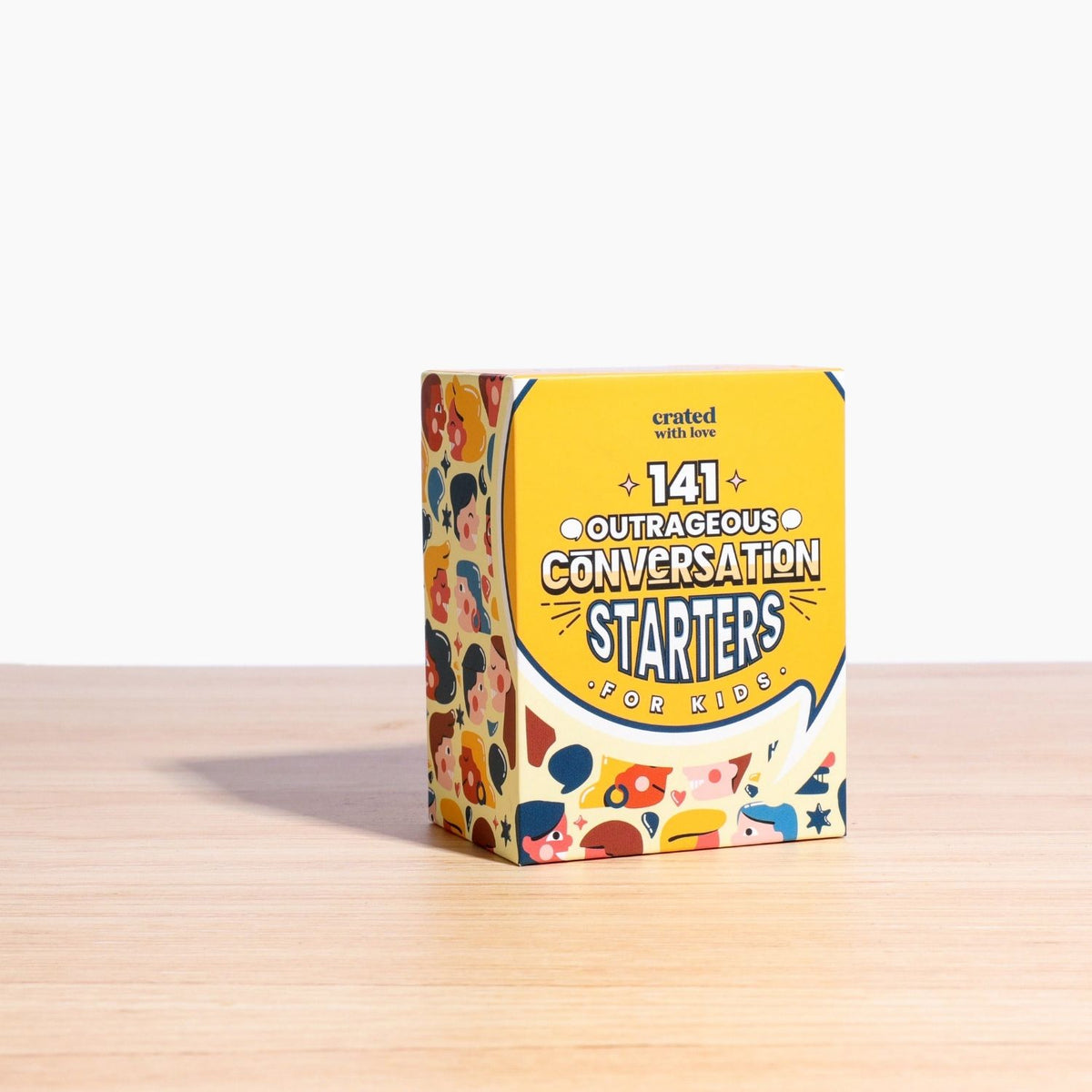 The 141 Outrageous Conversation Starters card deck in its durable, vibrant packaging, showcasing the bold typography and family-themed design.