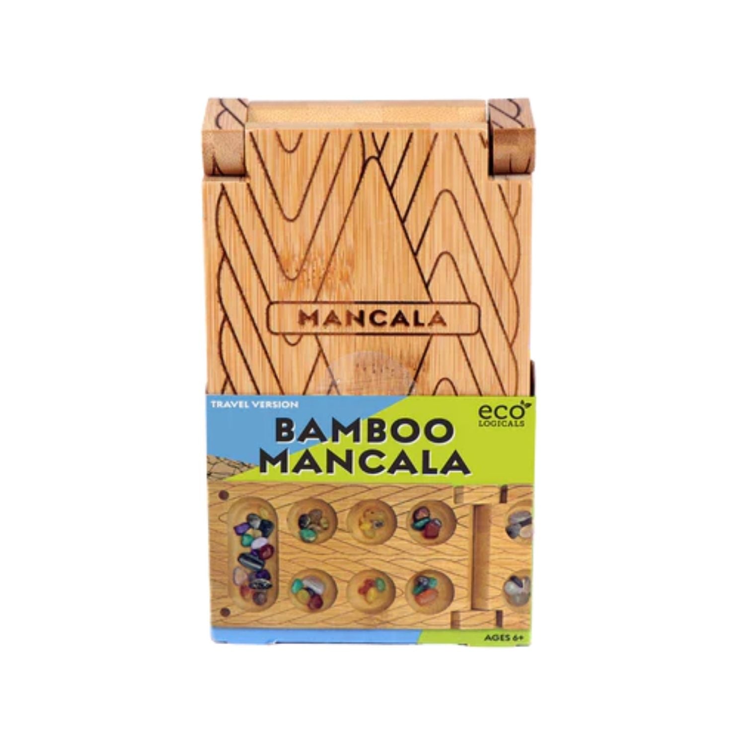An eco friendly bamboo board game for two players. Includes forty-eight polished stones and a magnetic travel case. Classic fun for ages eight and up.