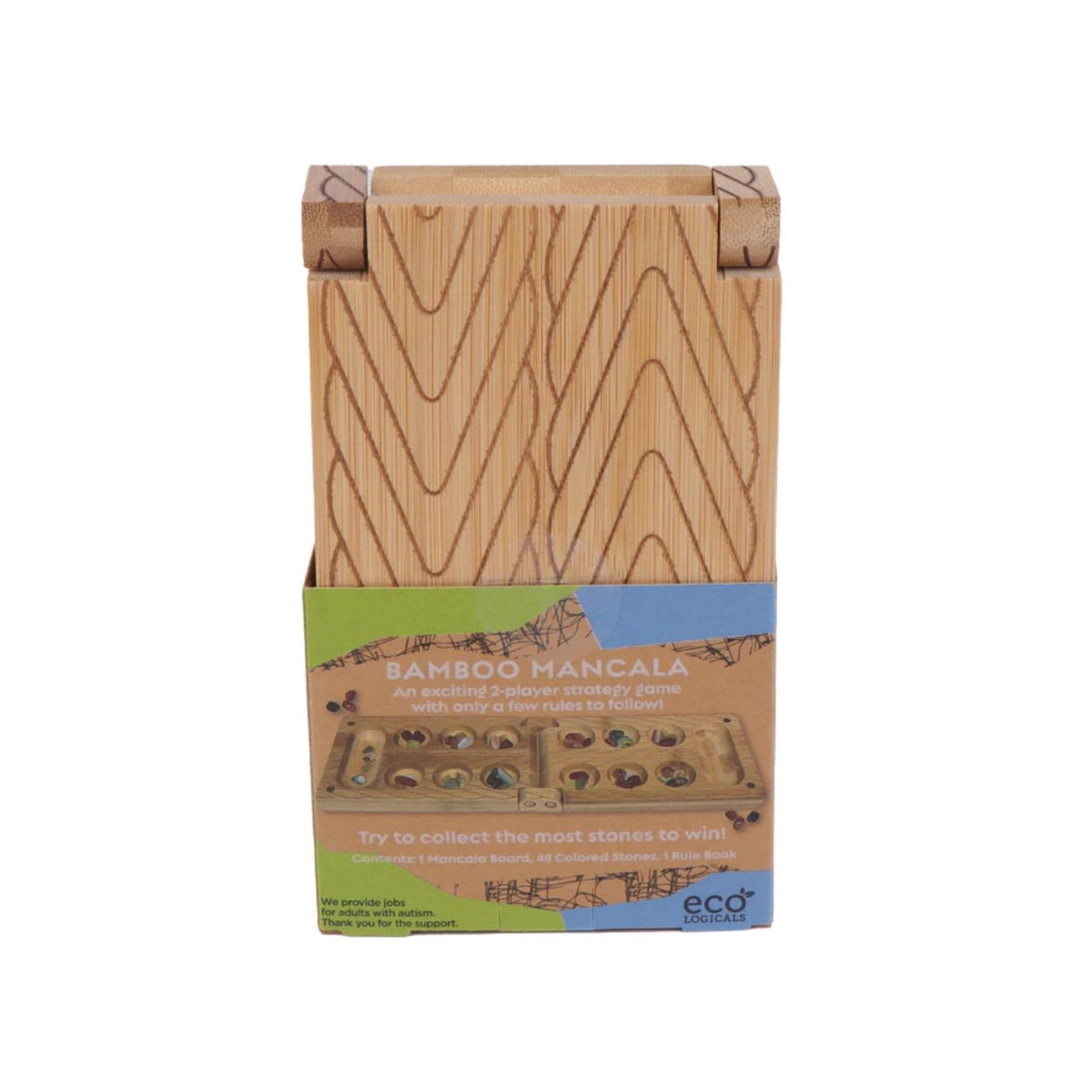 The bamboo Mancala board folded shut, showing the slim profile and the secure magnetic clasp designed for easy travel and storage.