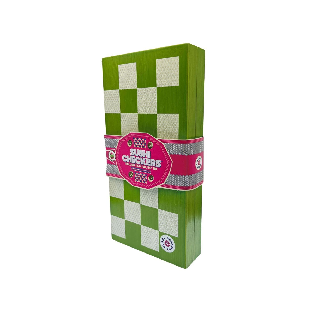 A complete Sushi Checkers set featuring a wooden game board, twenty-four checker pieces, two sets of chopsticks, soy sauce bowls, and a rolling mat.