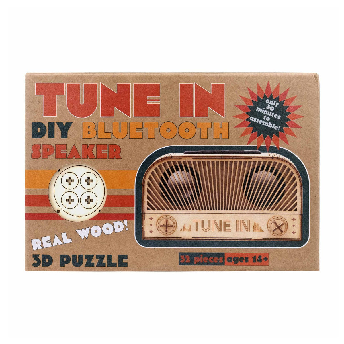 A rewarding STEM project for teens and makers. Assemble 32 precision-cut pieces to create a 1950s-inspired wooden speaker building set that connects to your phone.