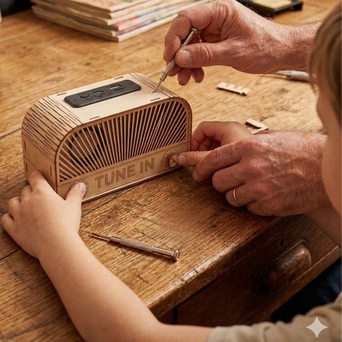 The fully assembled wooden Bluetooth speaker sitting on a desk next to a smartphone, showing the finished vintage design in a modern setting.