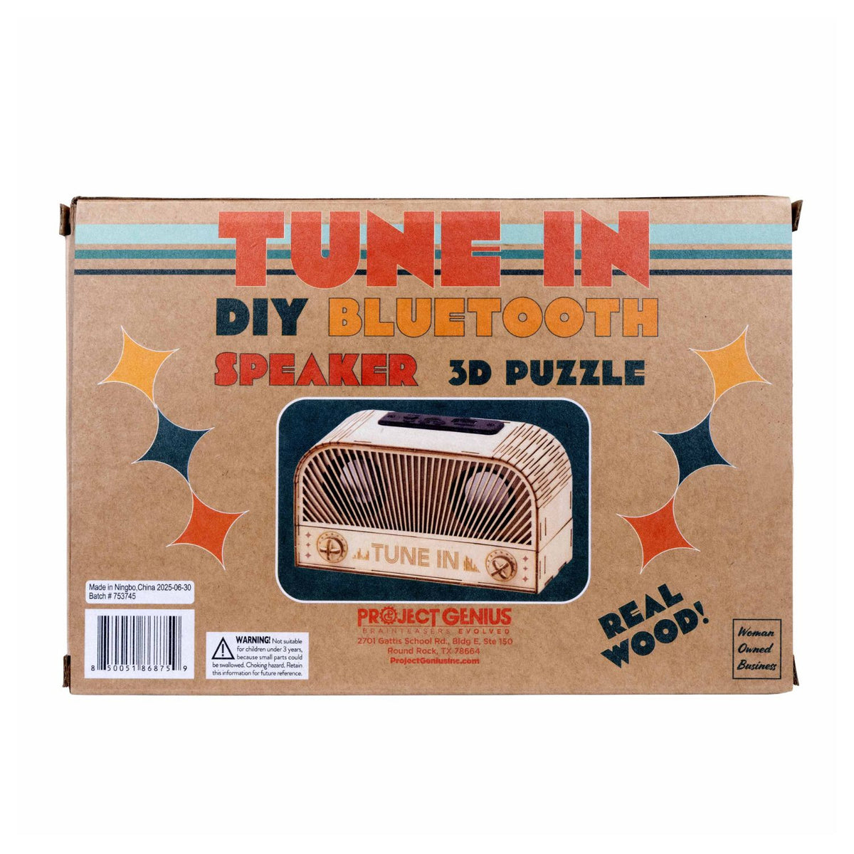 The retail box for the Project Genius DIY Bluetooth Speaker Kit. 32-piece DIY Bluetooth speaker kit. A satisfying wooden project for ages fourteen plus that blends retro style with modern tech.