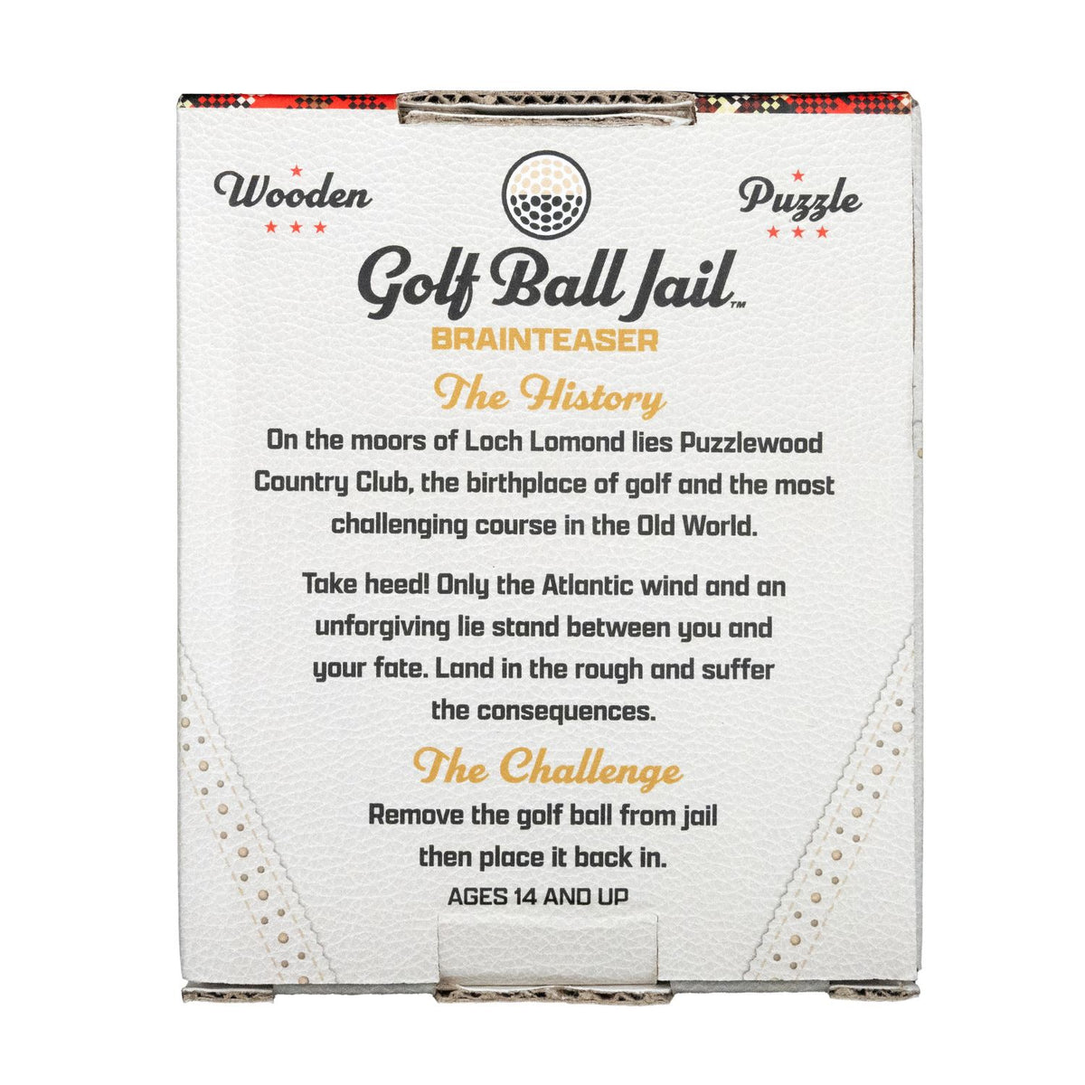 The back of a 'Golf Ball Jail' wooden puzzle box, showing detailed instructions and historical text printed on a white textured background with a small metal clasp at the top.