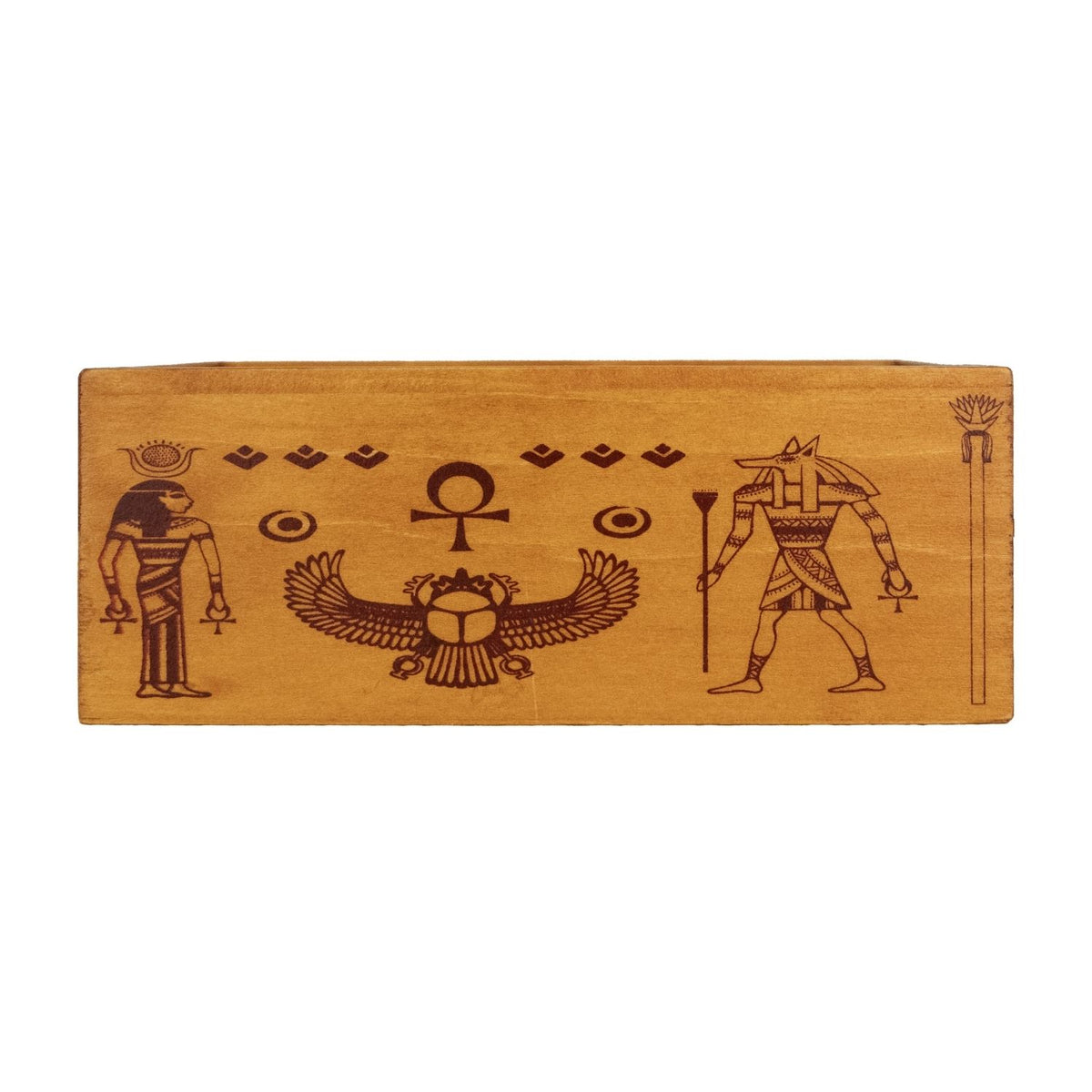 A wooden Pharaoh’s Tomb puzzle box featuring Egyptian hieroglyphic engravings and a multi-toned wood finish for ages eight and up.
